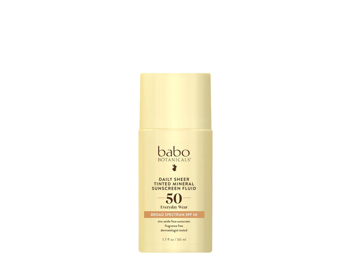 Babo Botanicals front bottle showing tinted mineral fluid SPF 50 and glow