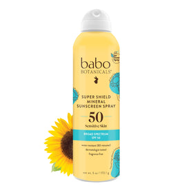 Babo Botanicals front packaging showing SPF50 continuous mineral spray and benefits
