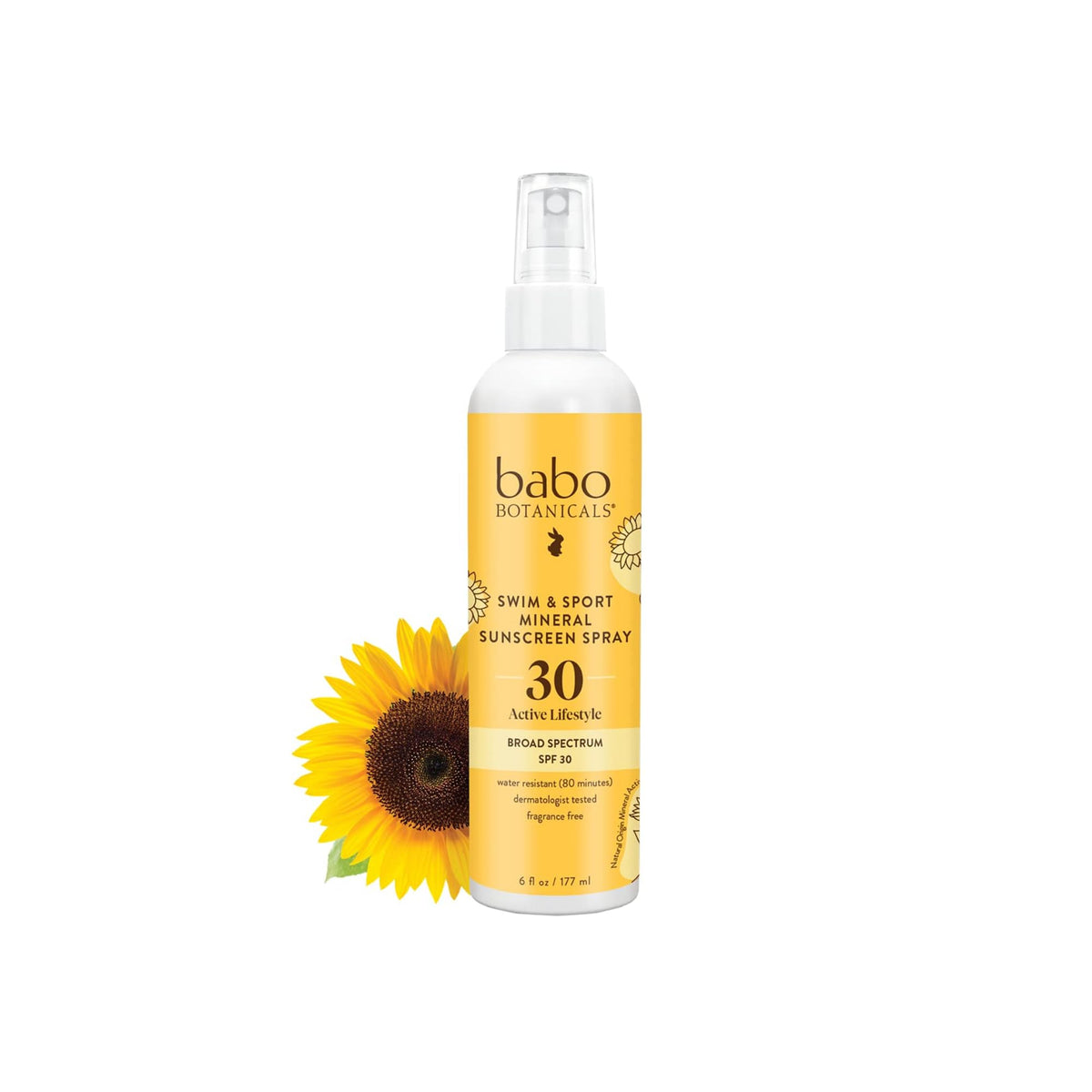 Babo Botanicals front spray bottle showing label and SPF benefit