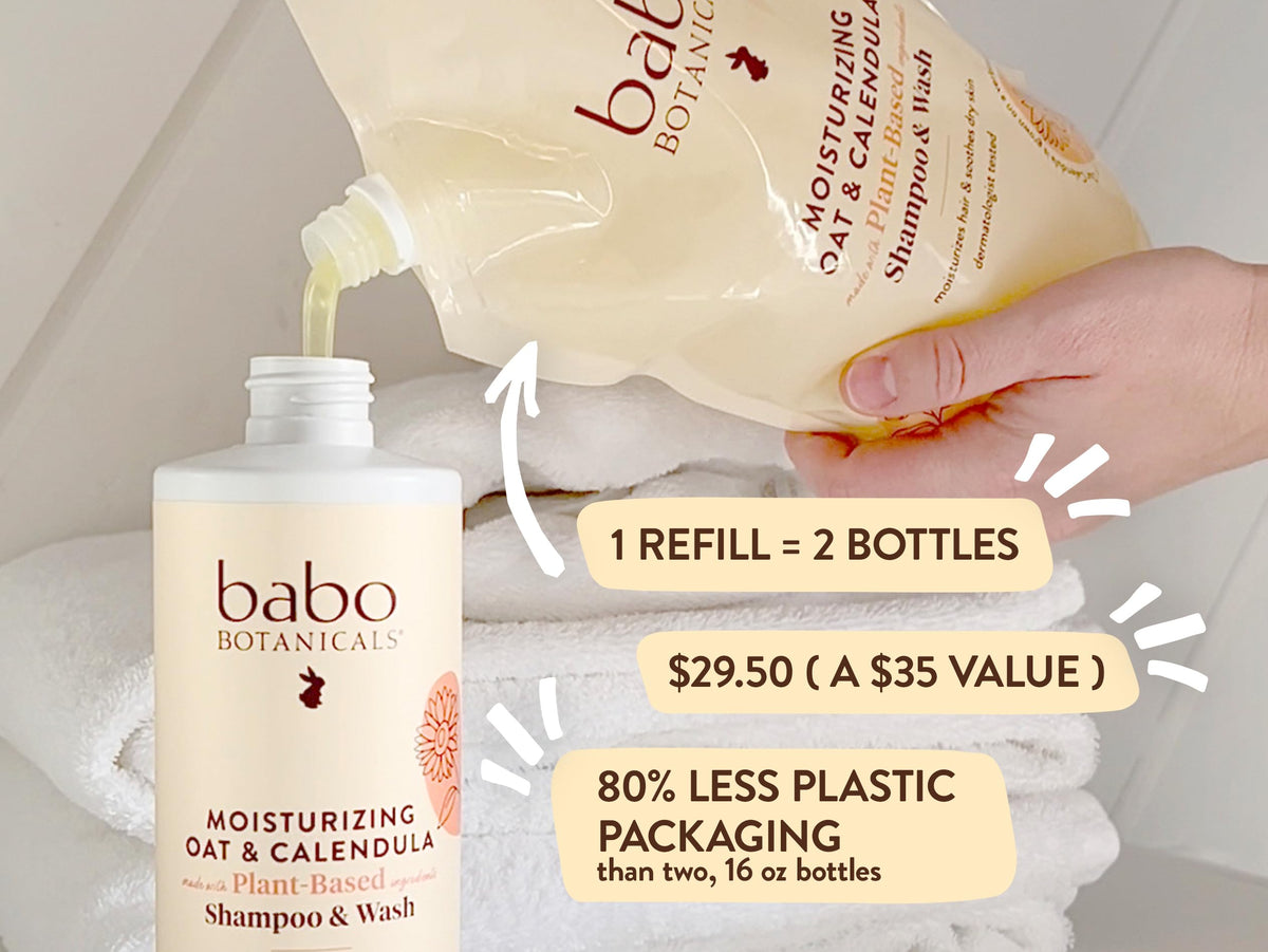 BABO Botanicals being poured into bottle to refill and reduce plastic waste
