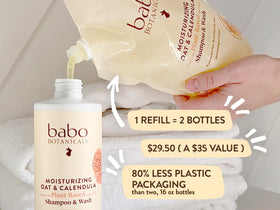 BABO Botanicals being poured into bottle to refill and reduce plastic waste