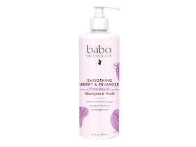 Babo Botanicals front bottle image showing smoothing berry formula and family use benefit