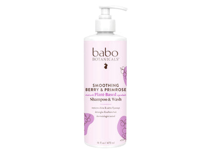 Babo Botanicals front bottle image showing smoothing berry formula and family use benefit