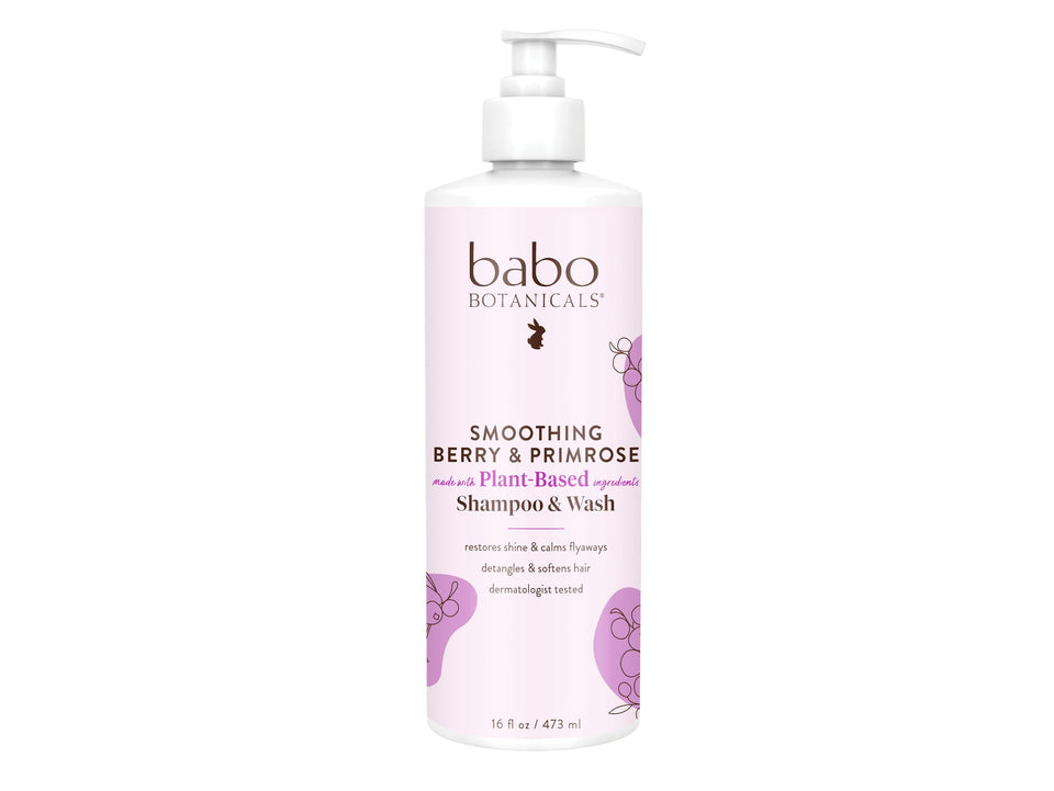 Babo Botanicals front bottle image showing smoothing berry formula and family use benefit