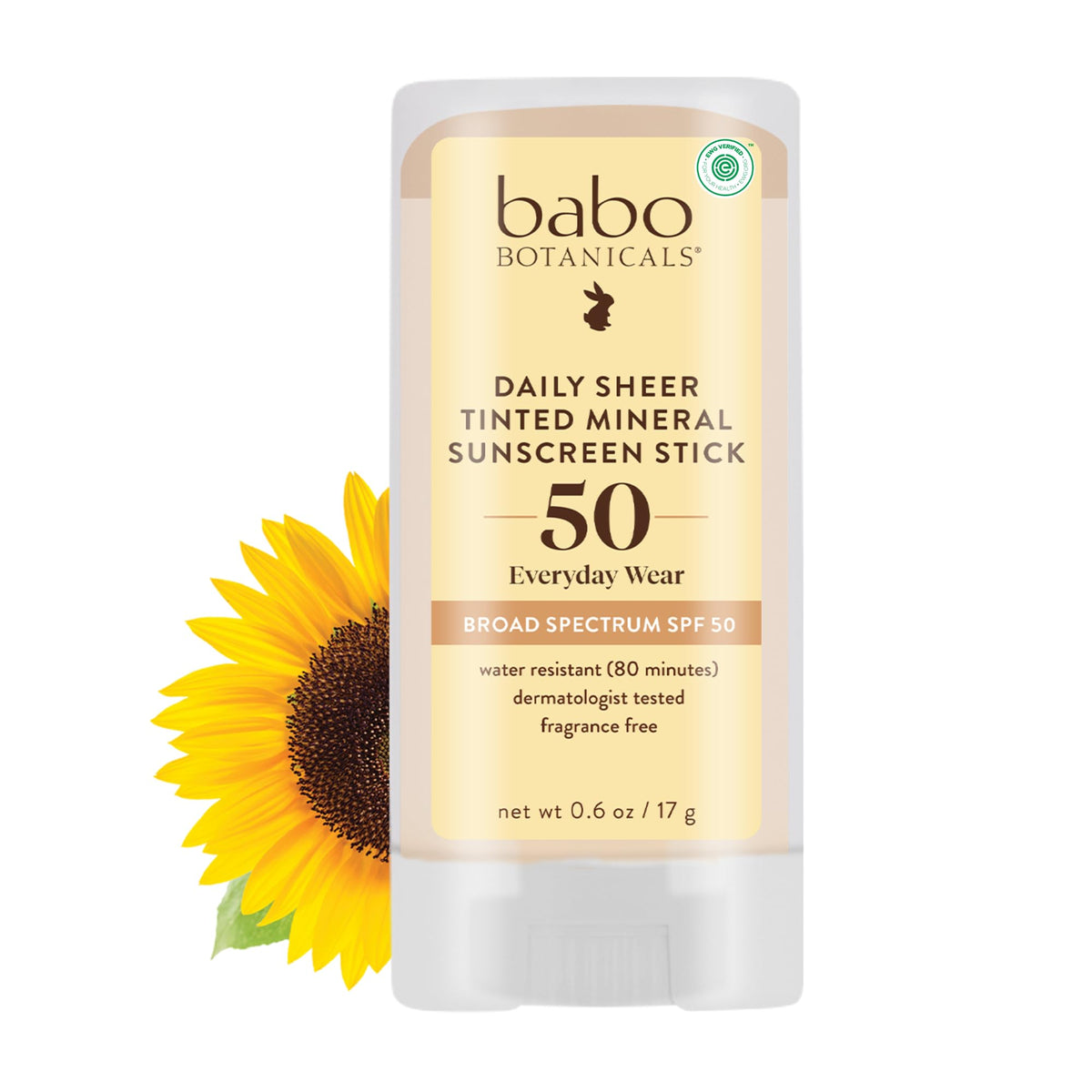 Babo Botanicals stick front view showing label and SPF50 protection