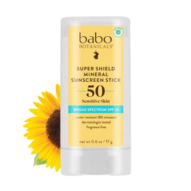 Babo Botanicals Super Shield stick front view showing label and SPF benefit