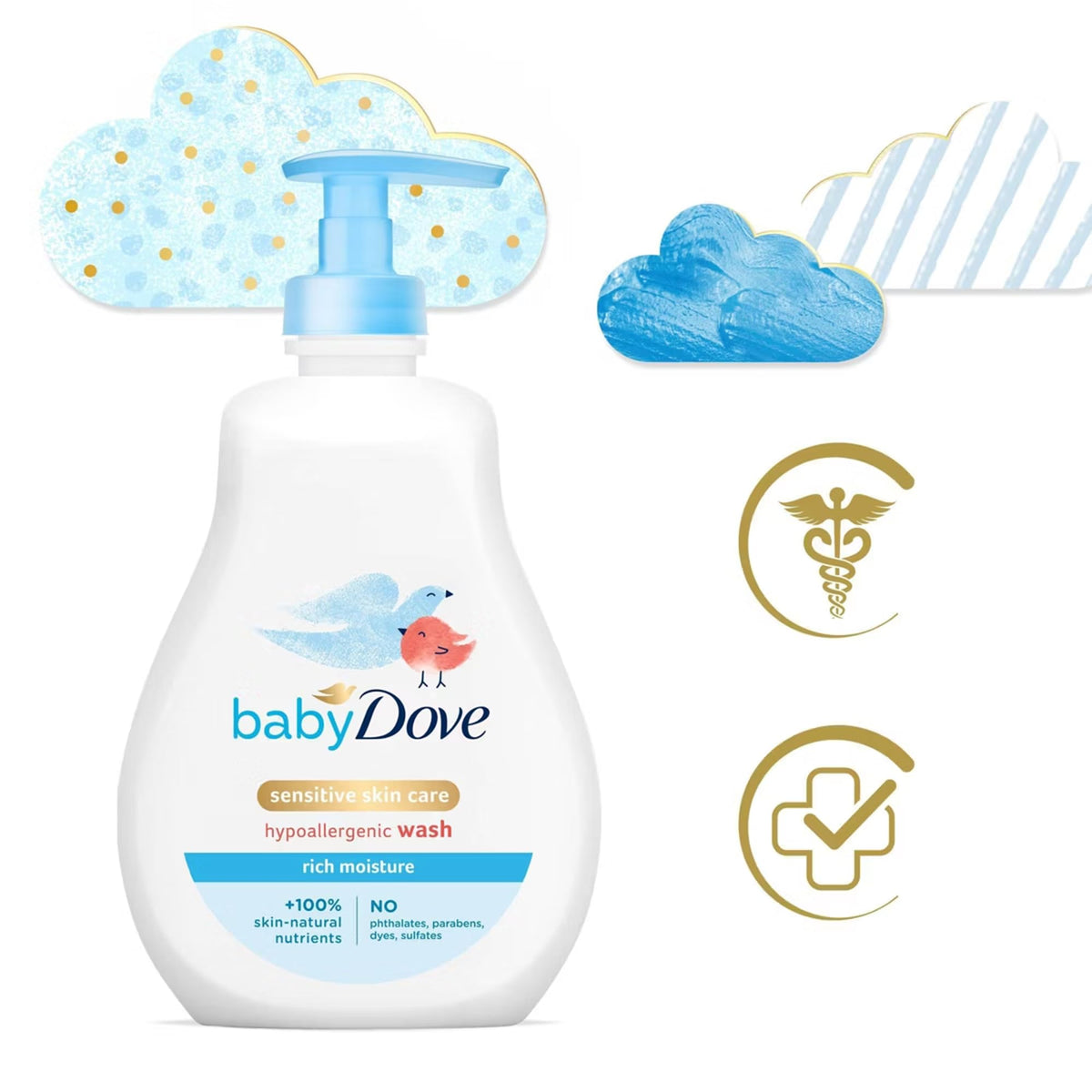 Baby Dove bottle beside toy for size comparison and travel-friendly benefit