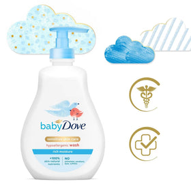 Baby Dove bottle beside toy for size comparison and travel-friendly benefit