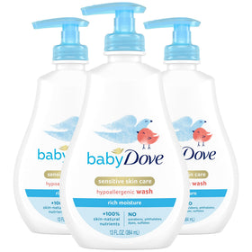 Baby Dove front packaging showing three bottles and gentle scent benefit