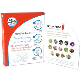 Baby Foot booties worn on feet demonstrating easy 15-minute use