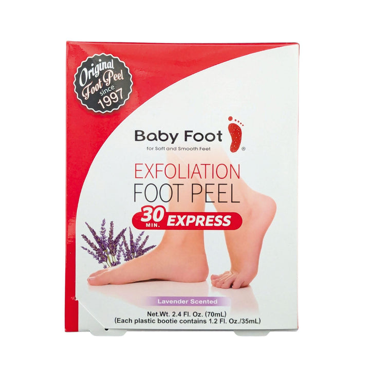 Baby Foot front packaging showing lavender scent and 30-minute express benefit