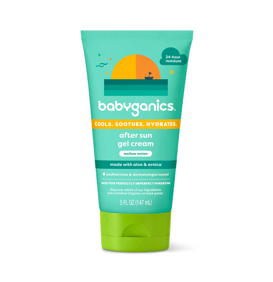 BabyGanics after sun gel cream front packaging showing mellow melon scent
