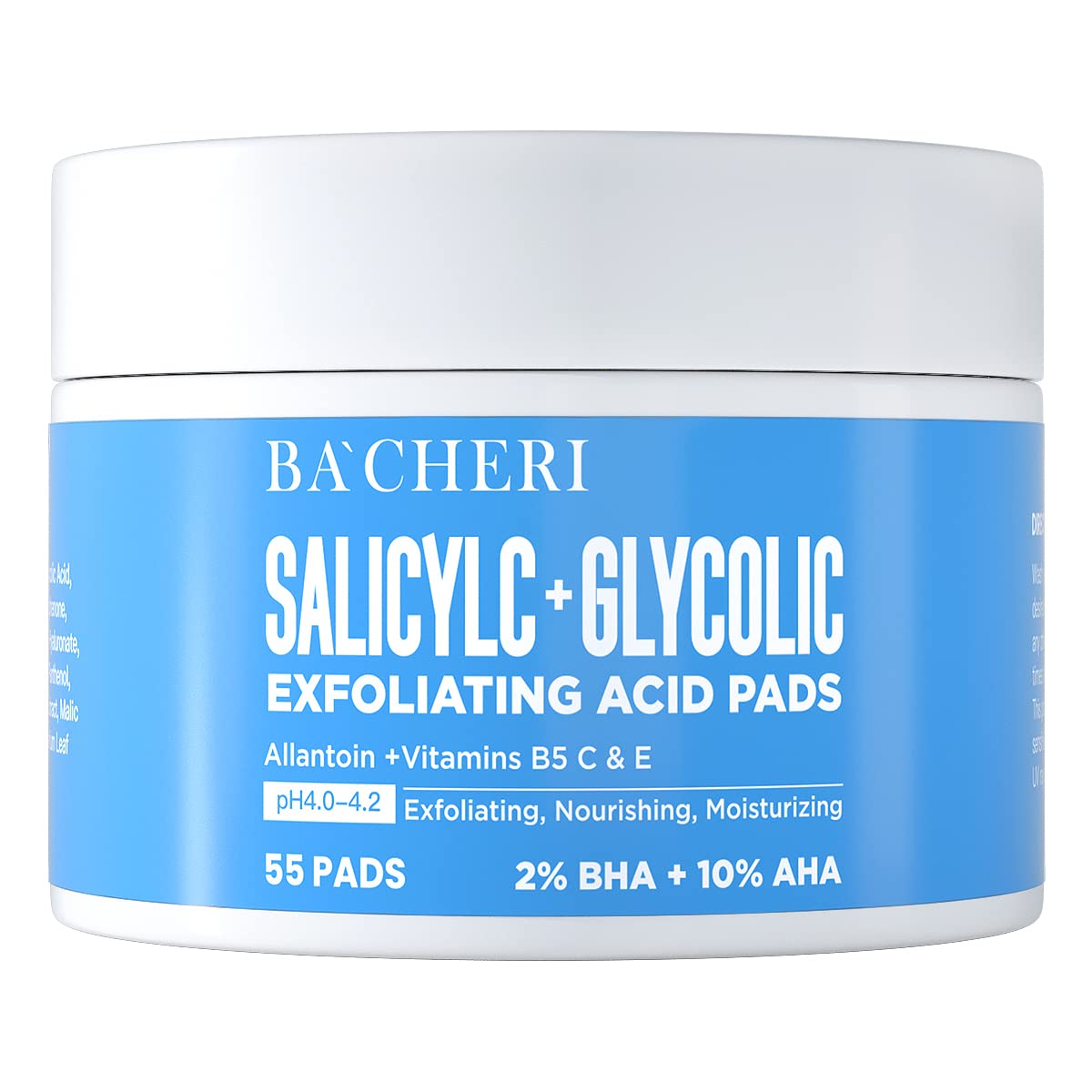 BACHERI jar front view showing label and 55 resurfacing pads for easy use