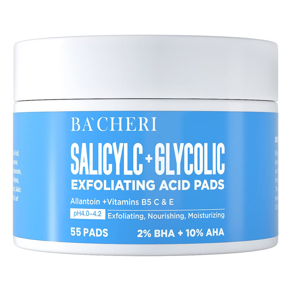 BACHERI jar front view showing label and 55 resurfacing pads for easy use