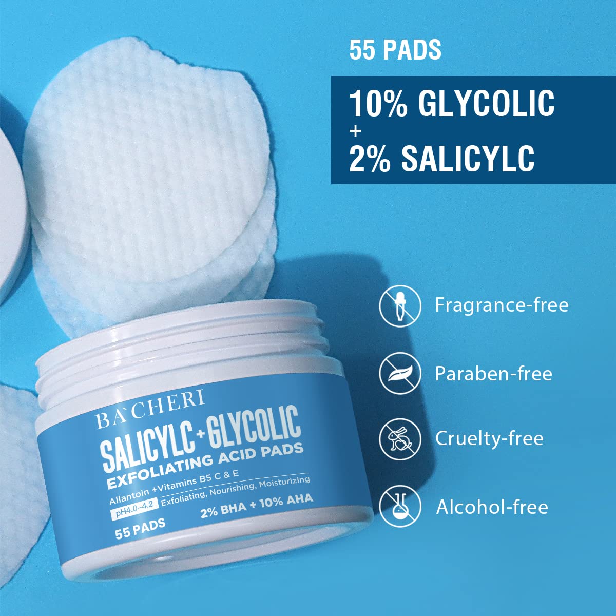 BACHERI pad close-up texture highlighting exfoliant solution and smooth wipe benefit