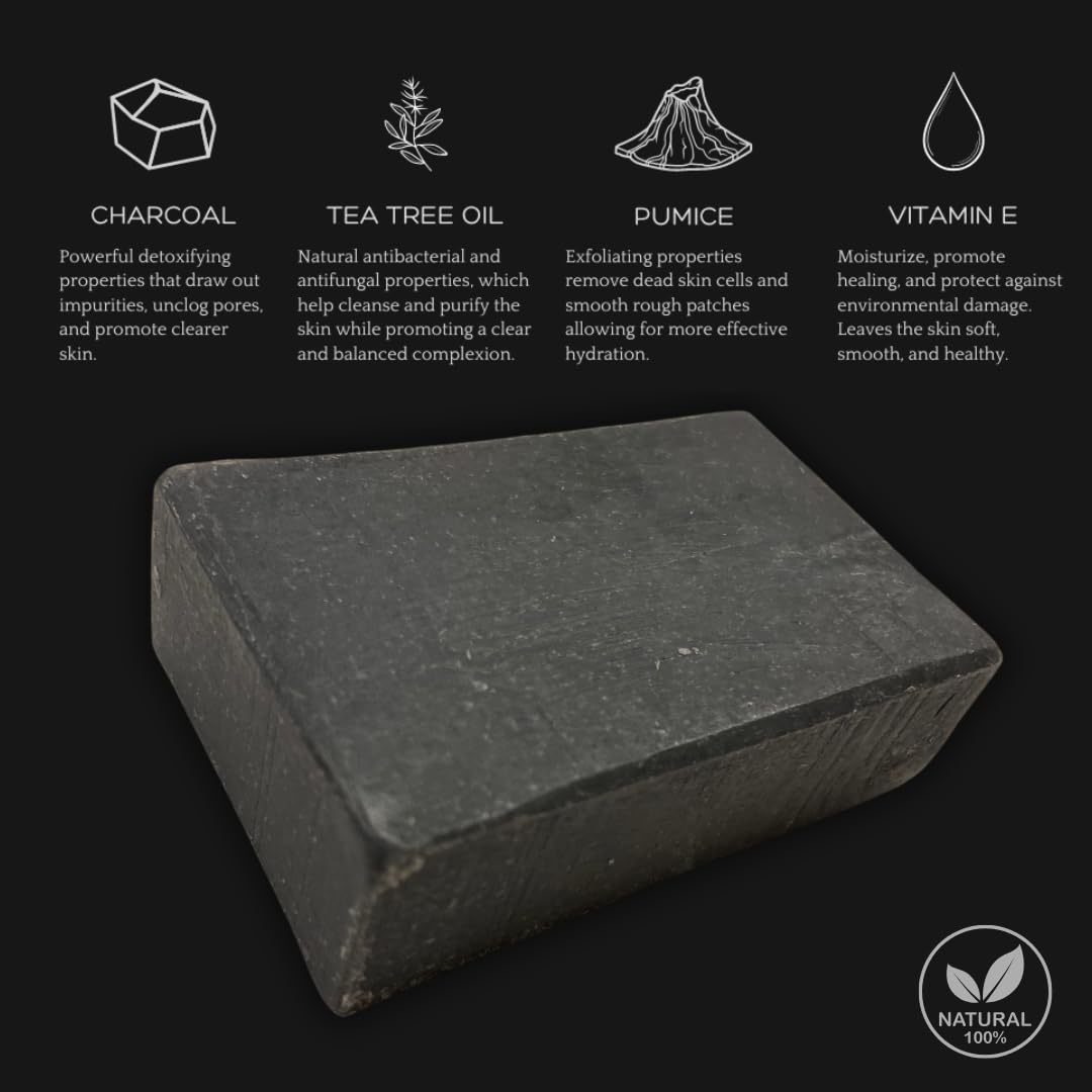 Bacne Bar ingredients display with charcoal and tea tree highlighting cleansing
