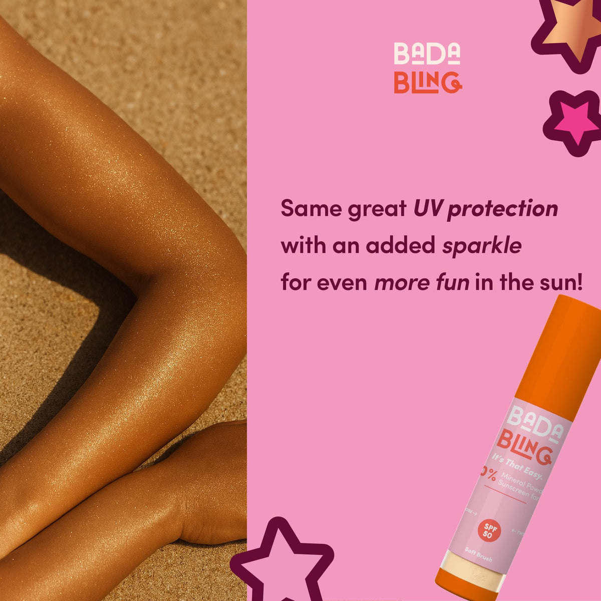 Bada Boom being brushed on a child’s cheek for quick, kid-friendly sun protection