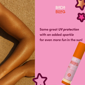 Bada Boom being brushed on a child’s cheek for quick, kid-friendly sun protection