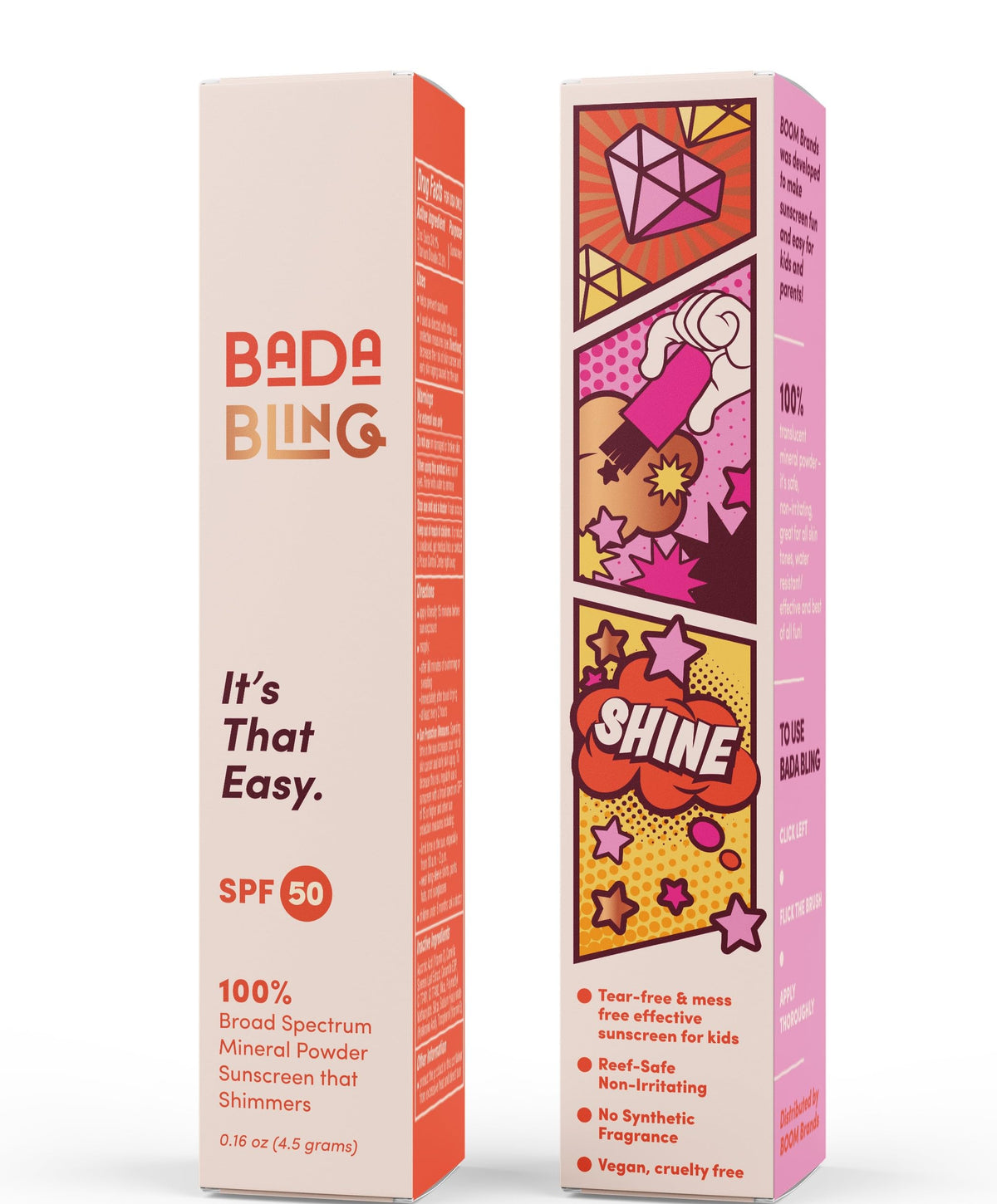 Bada Boom closed compact brush demonstrating portable, no-mess sunscreen application