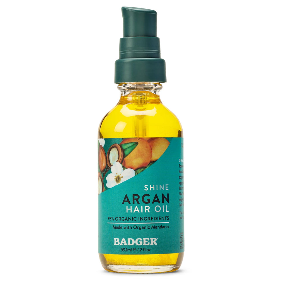 Badger bottle front view showing label and organic argan benefits