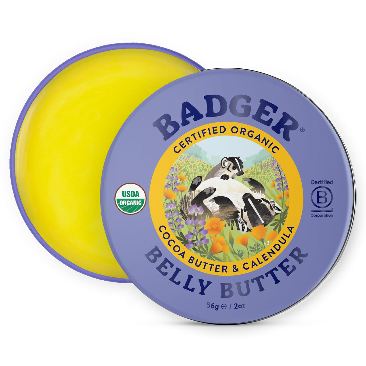 Badger belly butter front tin showing compact travel-friendly packaging and organic branding