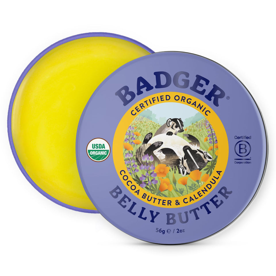 Badger belly butter front tin showing compact travel-friendly packaging and organic branding