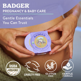 Hand applying Badger belly butter to skin demonstrating smooth spread and immediate soothing