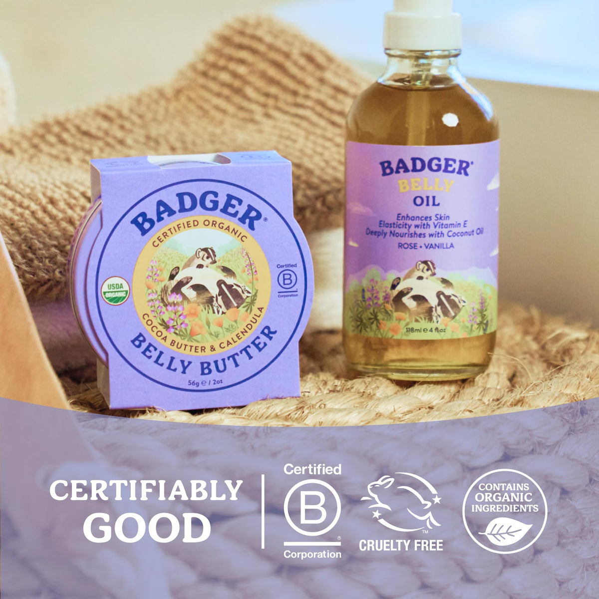 Pregnant person using Badger belly butter in a cozy maternity scene for gentle relief