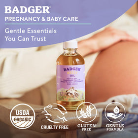 Badger ingredients label close-up listing jojoba, coconut, sunflower, calendula, vitamin E