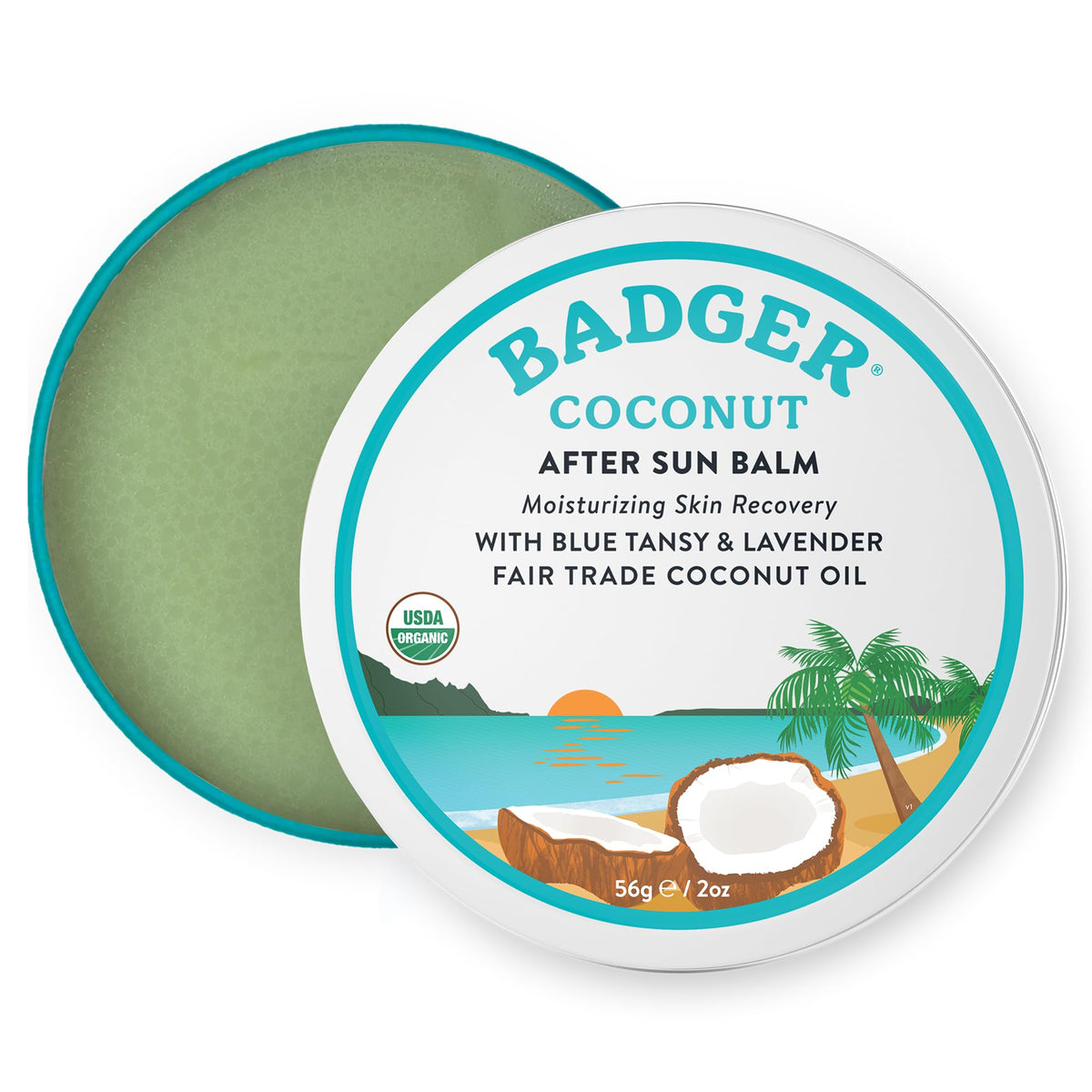 Badger tin front view showing Coconut AfterSun Balm and soothing benefit