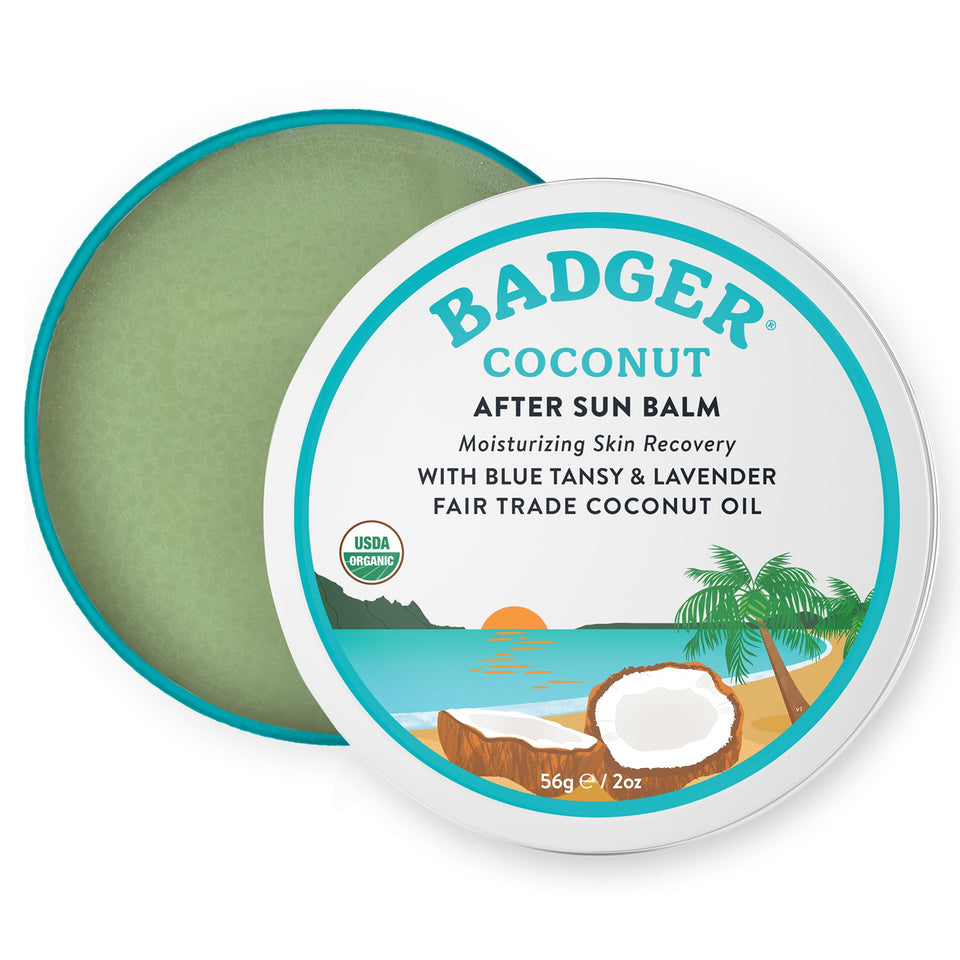 Badger tin front view showing Coconut AfterSun Balm and soothing benefit