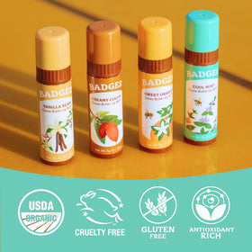 Badger balm applied on lips demonstrating smooth, minty hydration and protection