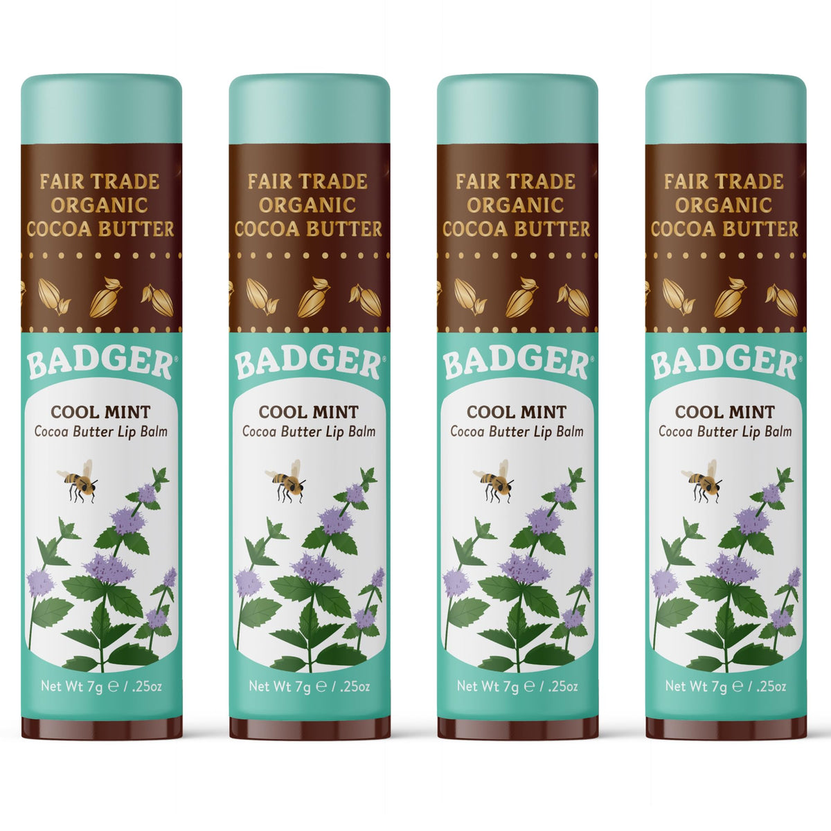 Badger front packaging showing large organic lip balm stick and branding benefits