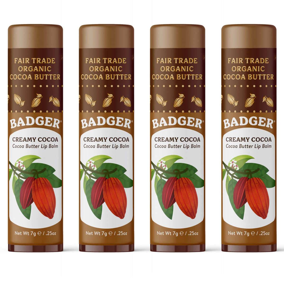Badger front packaging of creamy cocoa butter lip balm showing large four-pack benefits