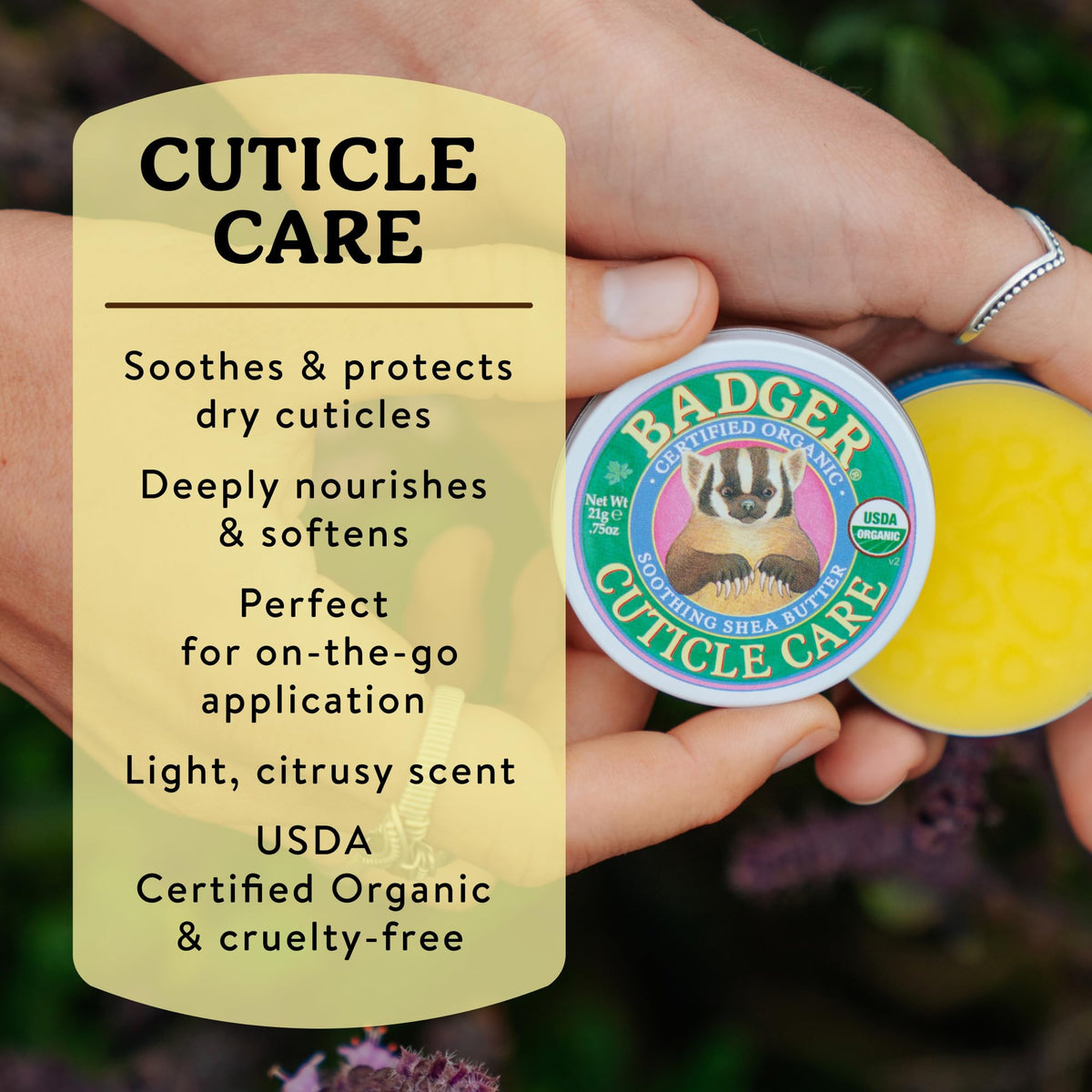 Badger open tin displaying creamy texture that hydrates cuticles