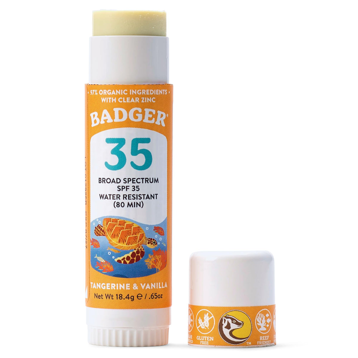 Badger face stick front packaging showing SPF 35 and travel size benefit
