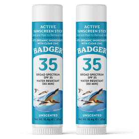 Badger face stick front view showing compact travel-friendly design and SPF coverage