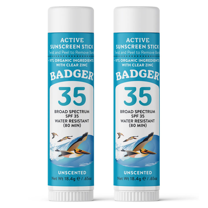 Badger face stick front view showing compact travel-friendly design and SPF coverage