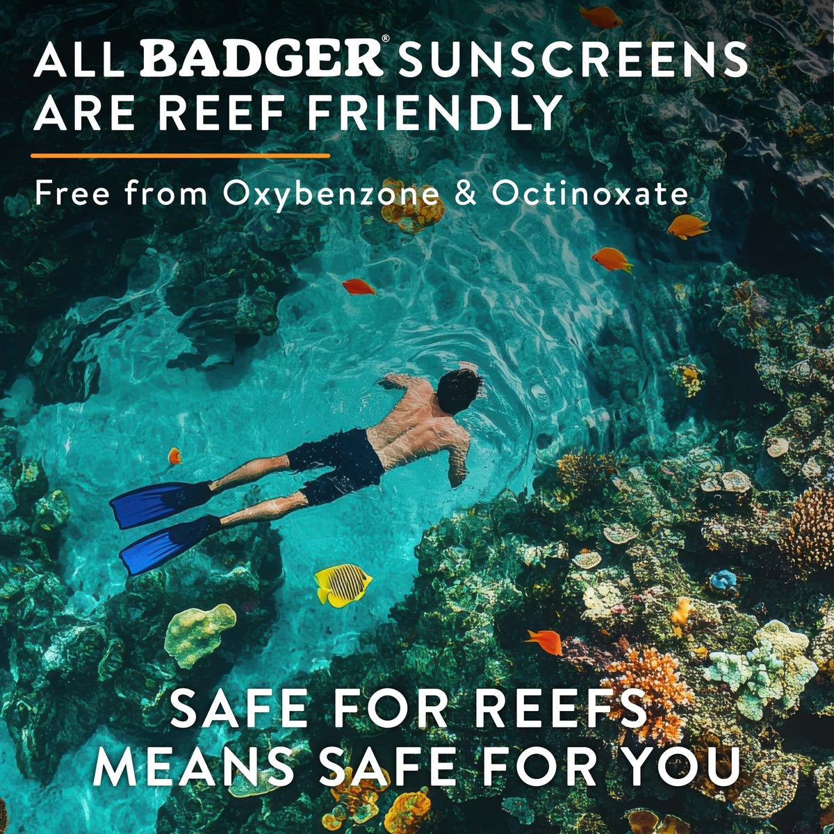 Badger applying sunscreen to cheek for smooth, no-white-cast benefit