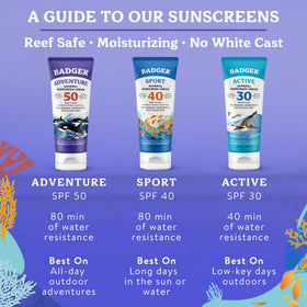 Badger family outdoors using sunscreen for reef-safe, active protection