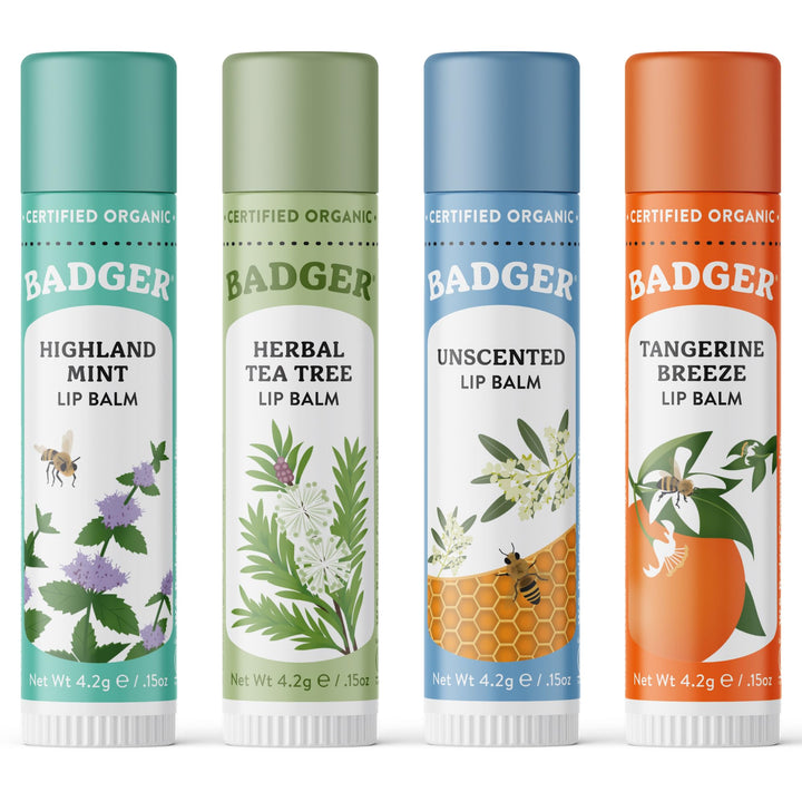 Badger front box packaging showing four organic lip balms and benefits