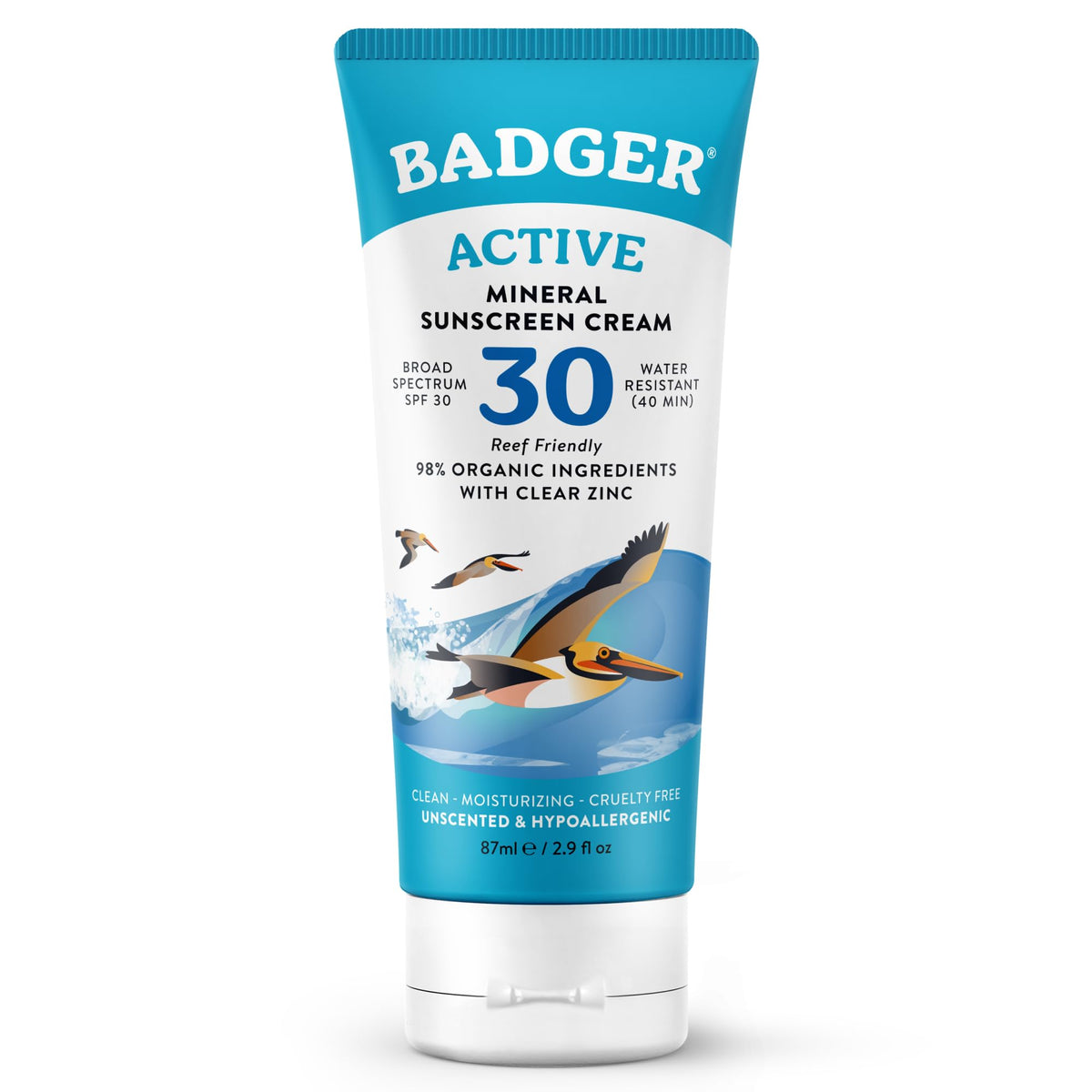 Badger front packaging 2.9 fl oz showing SPF 30 and unscented benefits