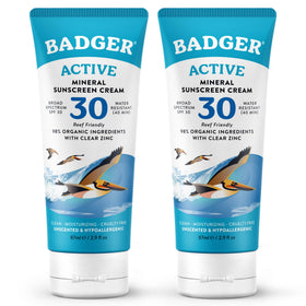 Badger front packaging showing two travel tubes and SPF 30 protection benefit