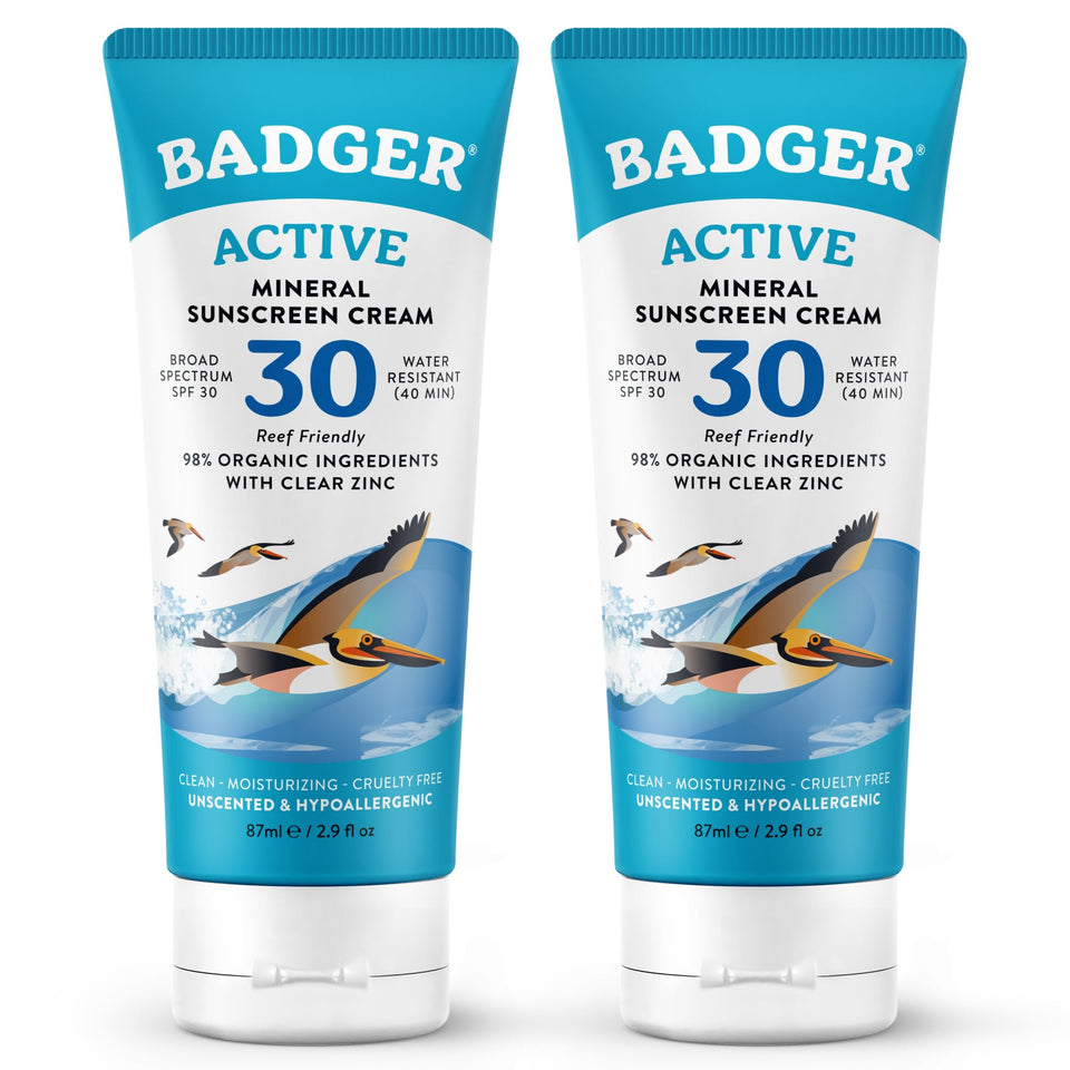 Badger front packaging showing two travel tubes and SPF 30 protection benefit