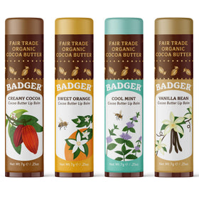 Badger front packaging showing four organic cocoa butter lip balms and benefits