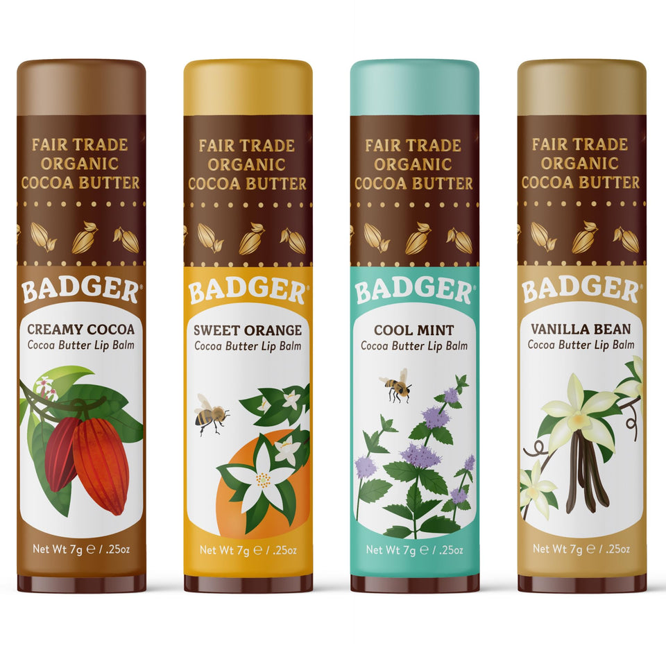 Badger front packaging showing four organic cocoa butter lip balms and benefits