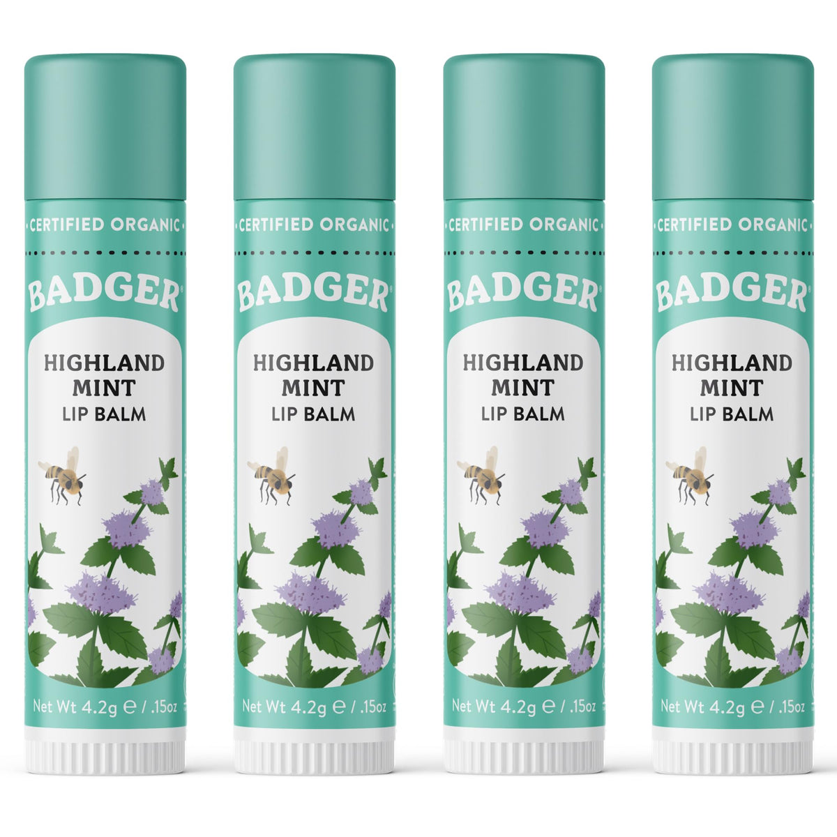 Badger front packaging four tubes showing mint balm and organic branding benefit: easy selection