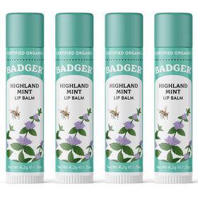 Badger front packaging four tubes showing mint balm and organic branding benefit: easy selection