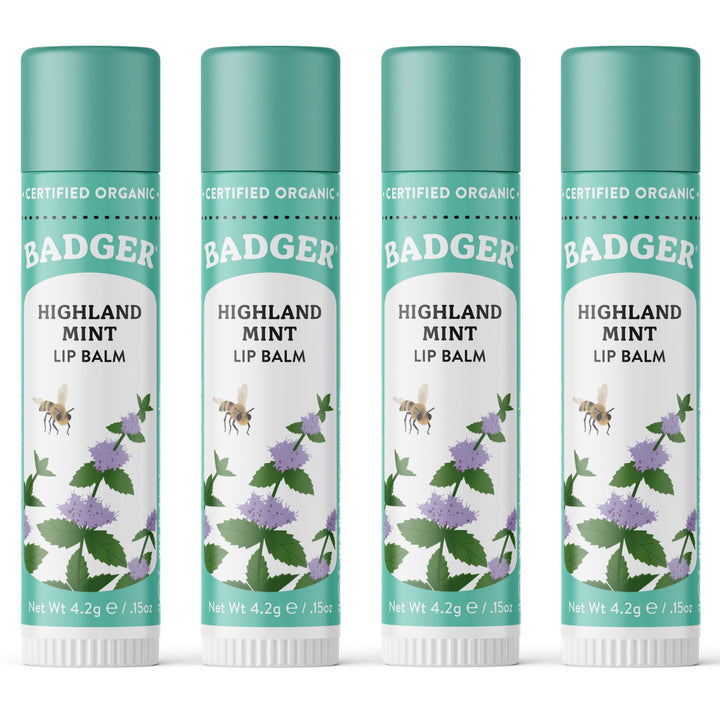Badger front packaging four tubes showing mint balm and organic branding benefit: easy selection