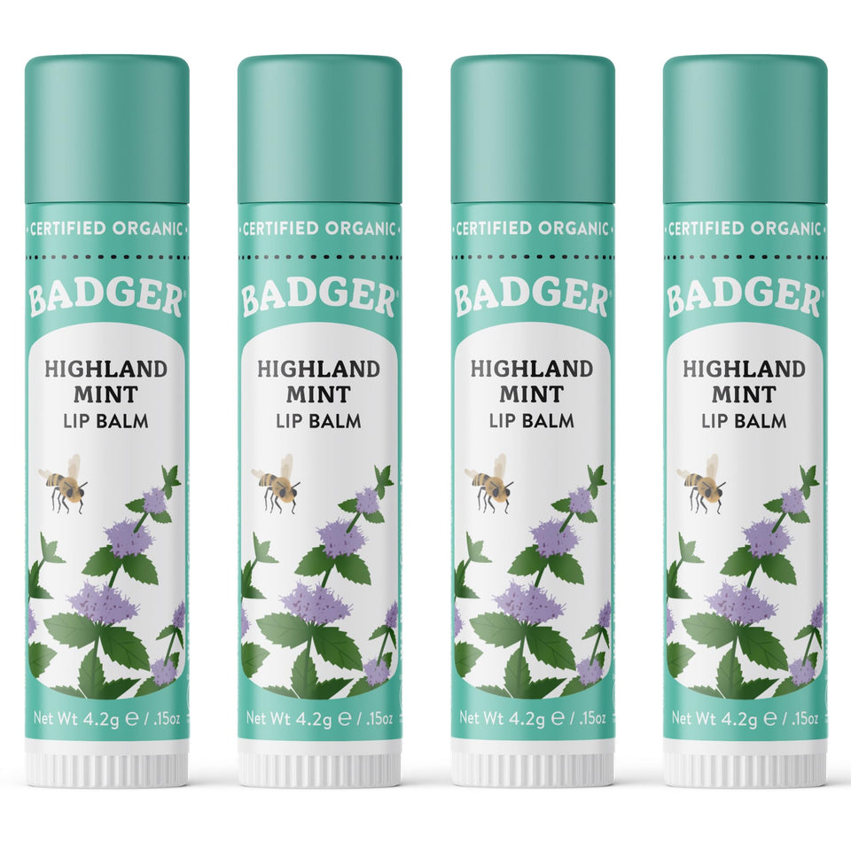 Badger front packaging four tubes showing mint balm and organic branding benefit: easy selection